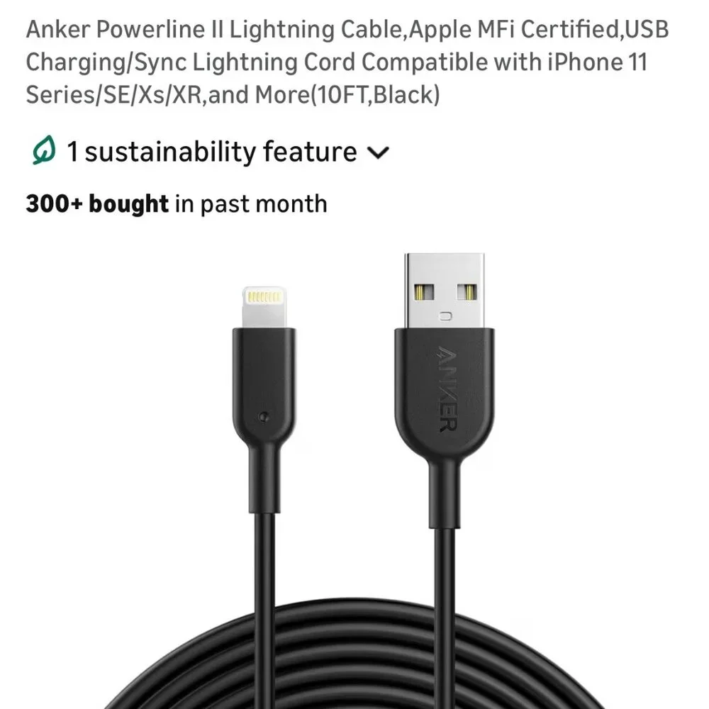 Anker Powerline II Lightning Cable USB Charging 10 ft